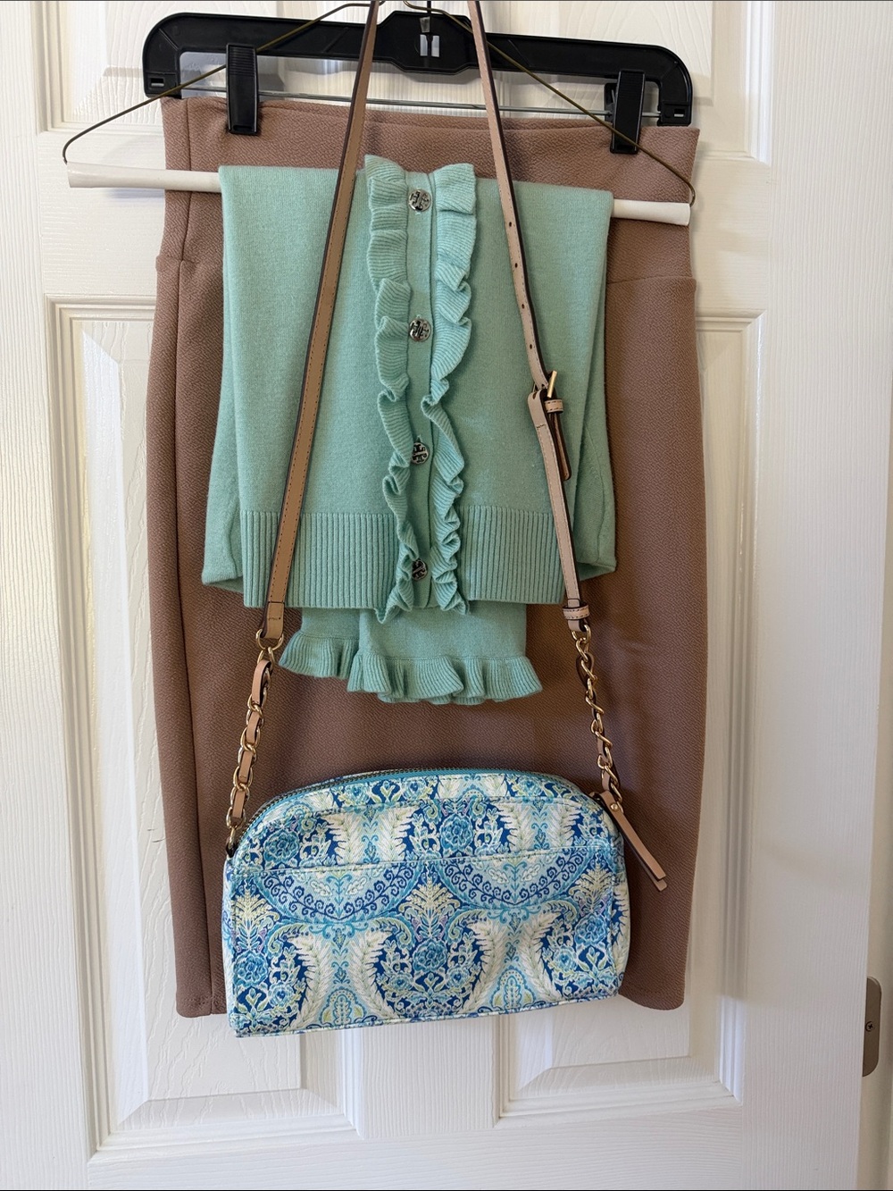 Ready to wear Ruffle Cardigan & Brown Skirt Outfit with Blue Paisley Crossbody